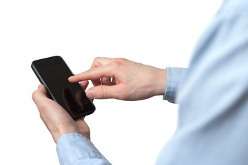 Hand holding and Touch on Black Smartphone with blank screen on white background.