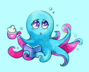 Octopus Kawaii coffee donut book children cute watercolor isolated