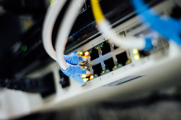 Network cables connected in a technology data center.