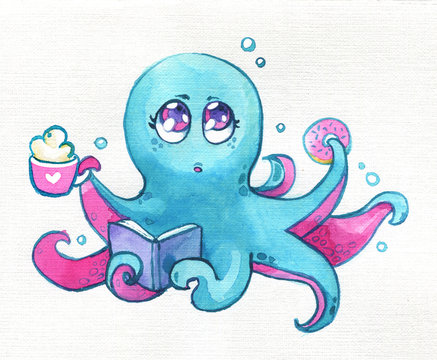 Octopus Kawaii coffee donut book children cute watercolor paper