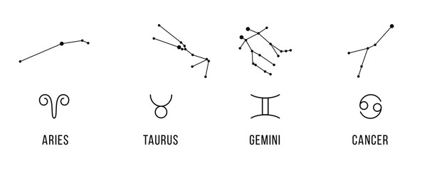 4 Zodiac signs with constellations. Aries, taurus, gemini, cancer. Vector.
