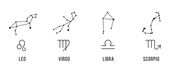 4 Zodiac signs with constellations. Leo, virgo, libra, scorpio. Vector. - 254332623