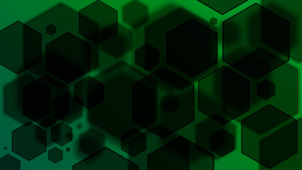 Abstract green backdrop with geometric shape. Black hexagons bokeh