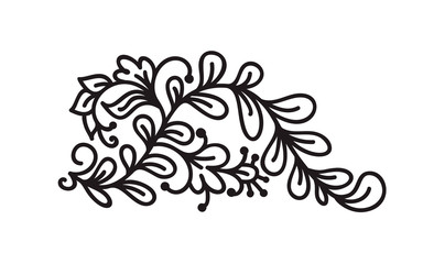 Black monoline flourish scandinavian monogram vector with leaves and flowers. Corners and dividers for Valentines Day, wedding, birthday greeting card, book, web design