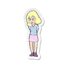 retro distressed sticker of a cartoon confused woman