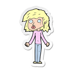 sticker of a cartoon girl shrugging shoulders