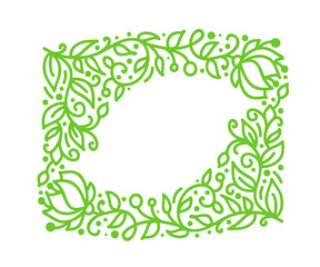 Vector green monoline calligraphy flourish frame for greeting card. Vintage Hand drawn floral monogram elements. Sketch doodle design with place for text. Isolated illustration
