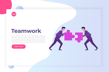 Two businessmen unite  the puzzle. Teamwork, working together isometric concept. Vector illustration.