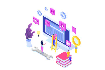Web design and Front end development isometric concept. Vector illustration.