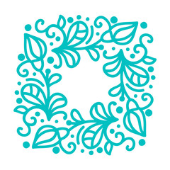 Fototapeta na wymiar Turquoise vector monoline calligraphy flourish frame for greeting card. Vintage Hand drawn floral monogram elements. Sketch doodle design with place for text. Isolated illustration