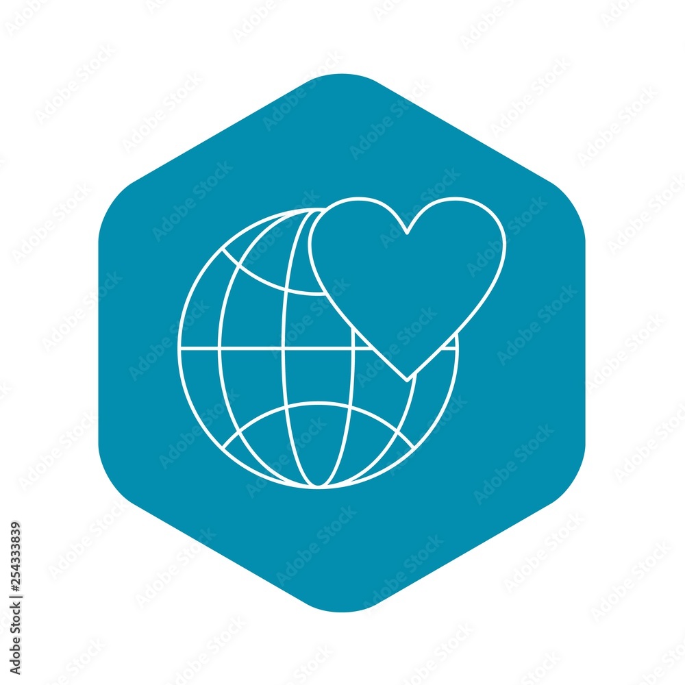 Poster earth world globe with heart icon. outline illustration of globe with heart vector icon for web desi