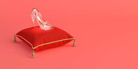 3D-illustration of Cinderella's glass slipper on a pink coral background.