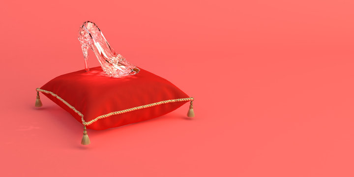 3D-illustration of Cinderella's glass slipper on a pink coral background.