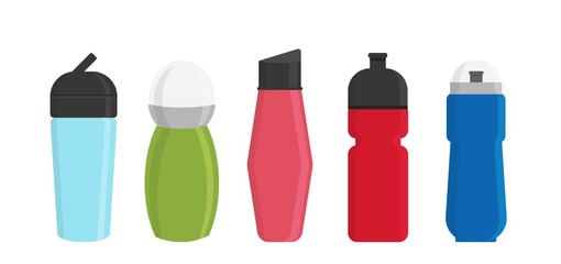 Blank bicycle plastic bottles for water vector illustration. Drink container clean beverage. Sport water bottle. Mineral bottled sporty accesssories. Thirsty power eco aqua.
