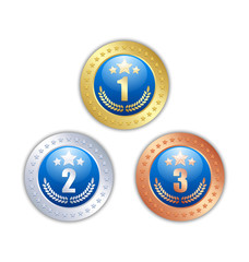 Golden, silver and bronze quality badges or medals with numbers, placed on white background