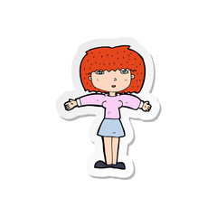 sticker of a cartoon woman shrugging shoulders
