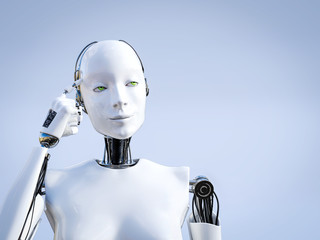 3D rendering of female robot thinking about something.
