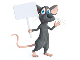 3D rendering of a cartoon mouse holding blank sign.
