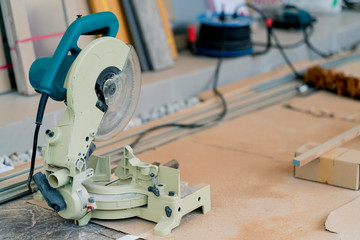 wooden carpenter with saw machine site construction ideas concept