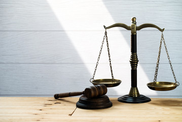 Justice Scales and wooden gavel . Justice concept