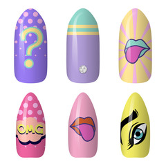 set of colored painted pop art nail stickers. Neon manicure art. nail polish. isolated on a dark background