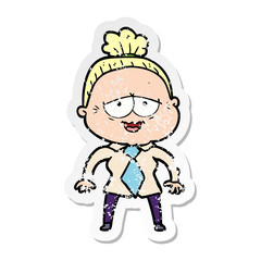 distressed sticker of a cartoon happy old lady