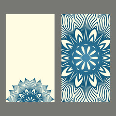 Set Of Template Greeting Card, Invitation With Space For Text. Mandala Design. Vector Illustration. Pastel blue color