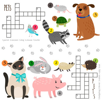 Cartoon character pets vector mini crosswords for children