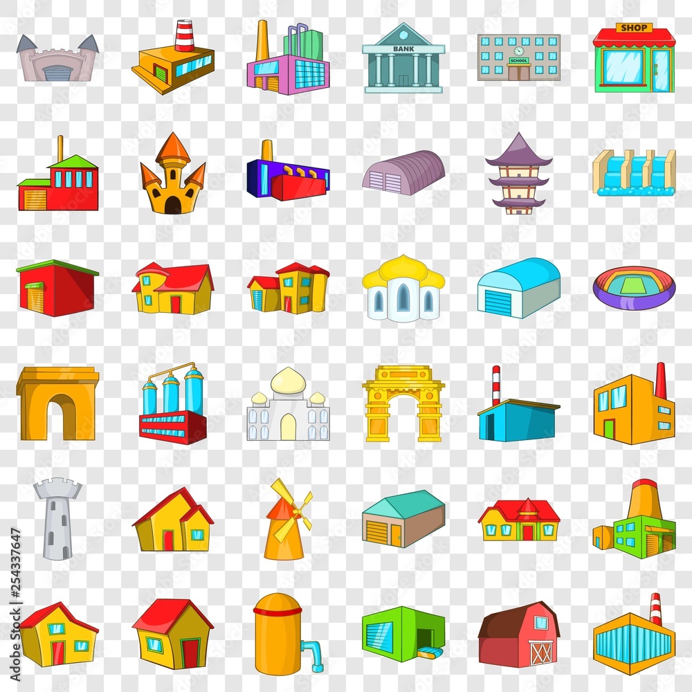 Poster big building icons set. cartoon style of 36 building vector icons for web for any design
