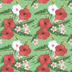 Hibiscus plumeria palm leaves seamless green background