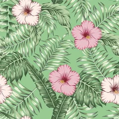 Deurstickers Tropical leaves and hibiscus seamless green background © berry2046