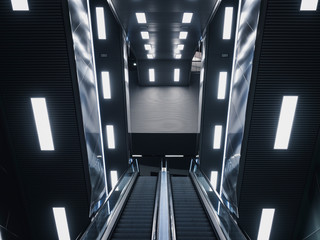 Escalator in Modern building Neon light Interior Futuristic Background