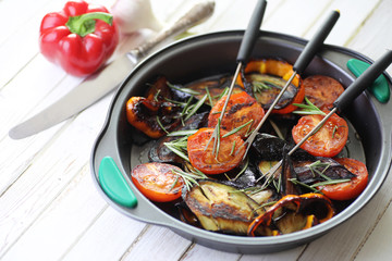 Vegetables grilled pan fried eggplant and tomatoes