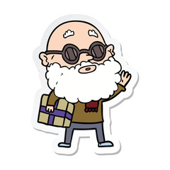 sticker of a cartoon curious man with beard sunglasses and present