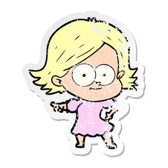 distressed sticker of a happy cartoon girl