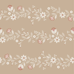 Retro  Embroidery seamless pattern with beautiful wild flowers delicate vector print  illustration
