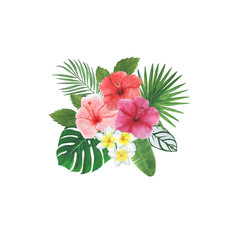 Tropics Flowers Leaves Hibiscus Plumeria Monstera Palm Watercolor Frame Illustration Botanical Spring Decorations Design Greeting Cards Invitations