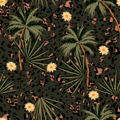 Naklejka premium Vintage seamless animal prints pattern with tropical plants and leopard prints. Vector illustration design for fashion,fabric,paper, wallpaper, cover, Interior decor and all prints