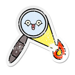 distressed sticker of a cute cartoon magnifying glass