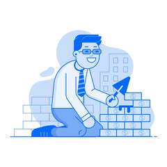 Build your business concept with businessman or manager building money wall construction. Smiling male character growing business UI line art illustration. Successful startup or career development.