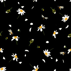 Beautiful  pretty daisy floral print  blowing in the wind design with bumble bees seamless pattern in vector for fashion ,fabric ,wallpaper