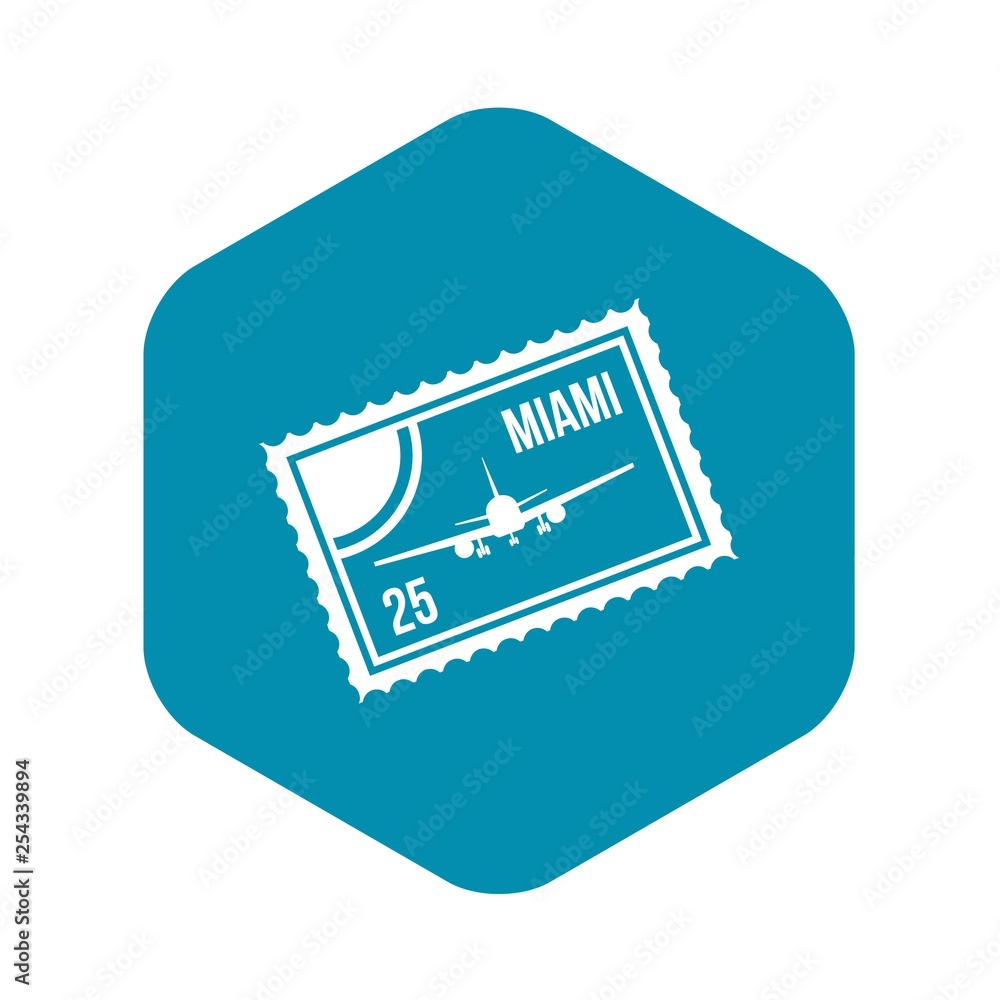 Poster stamp with plane and text miami inside icon in simple style isolated on white background