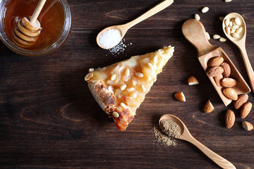 Fresh nuts on the table for breakfast with honey