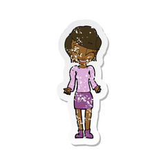 retro distressed sticker of a cartoon happy woman shrugging shoulders