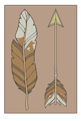 Graphic illustration boho style natural colored arrows and eagle feathers art print vector