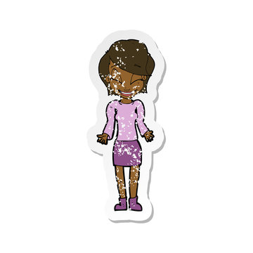 recommend clip art: retro distressed sticker of a cartoon happy woman shrugging shoulders