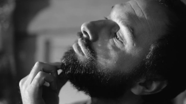 bearded hipster combing and styling his beard