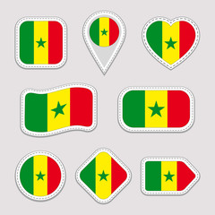 Senegal flag vector set. Senegalese stickers collection. Isolated geometric icons. Country national symbols badges. Web, sport page, patriotic, travel design elements. Different shapes.