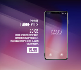 New front smartphone, phone plans concept prototype with advertisment background. Mobile with background and hour screen. Mockup model for add, branding.