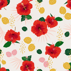 Colorful  seamless vector red  hibiscus exotic floral pattern, spring summer background with tropical flowers, palm leaves, Hawaiian style design for fashion fabric,wallpaper,web and all prints